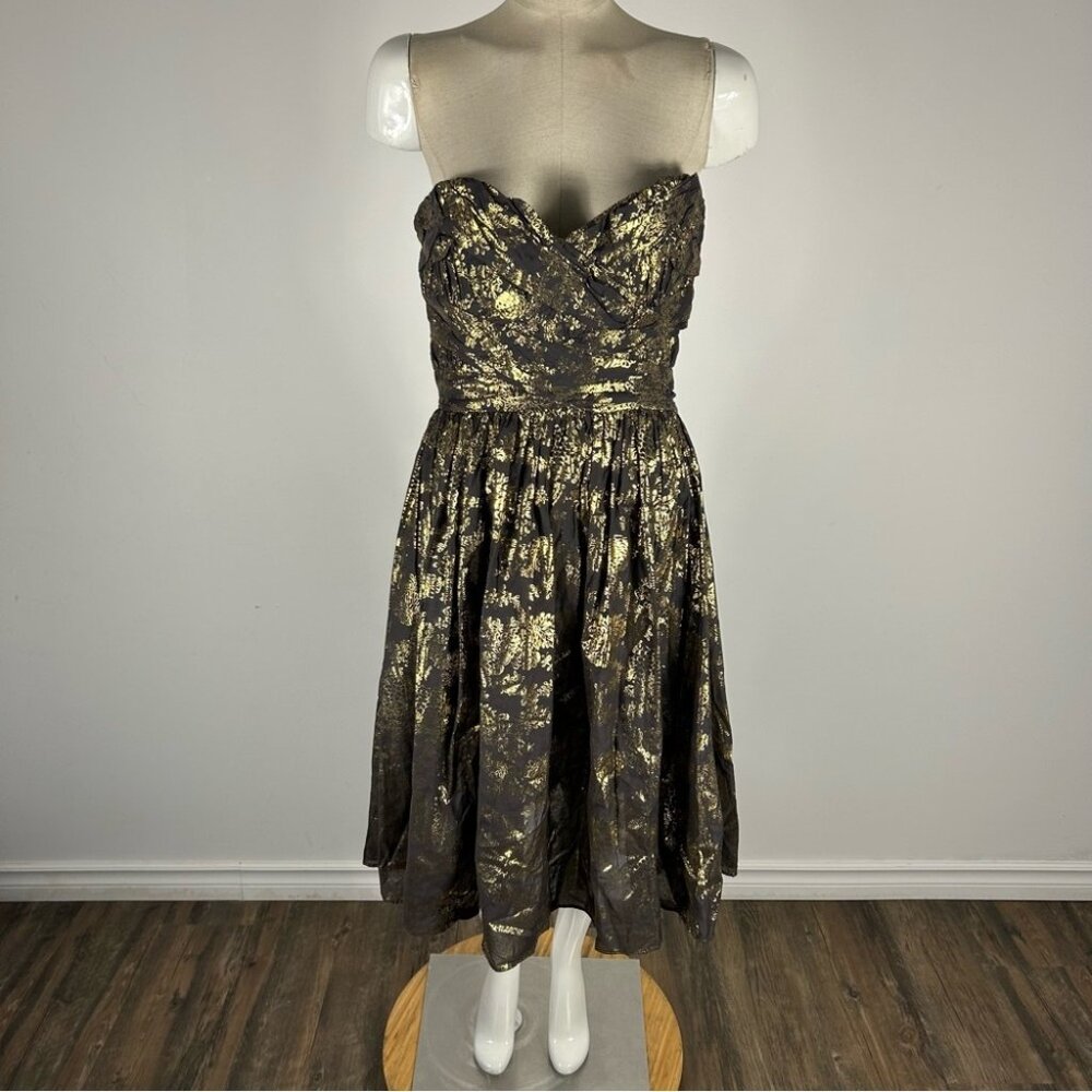 ❤️French Connection Womens Metallic Green Strapless Floral Dress Size 8